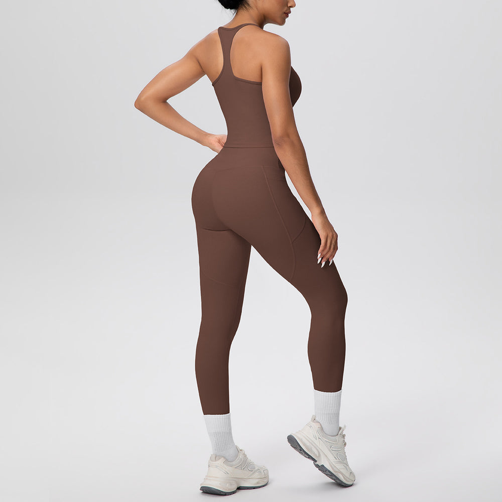 New arrival cross-border brushed back tight i-shaped back flap pocket pants yoga suit sports running fitness two-piece set