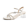 Silver high heel sandals women's summer dress fairy style crystal bow square toe open toe transparent chunky heel sandals