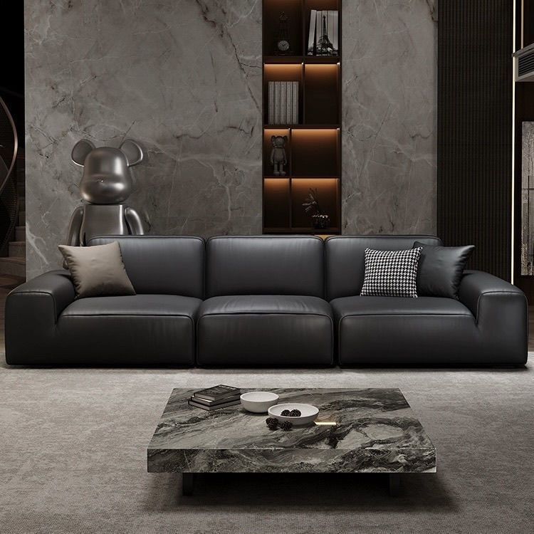 New arrival big black cow sofa italian normcore modern casual living room genuine leather tofu block straight latex sofa