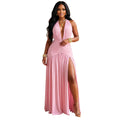 C7778 cross-border  new women's deep v halter neck ruched high slit maxi dress evening party gown