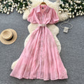 Korean style pink lantern sleeve mesh dress - women's summer sequin waist a-line elegant commute maxi dress