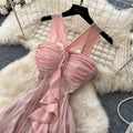 French riviera style halter mesh dress - women's summer romantic sleeveless ruffle trim slimming elegant maxi dress