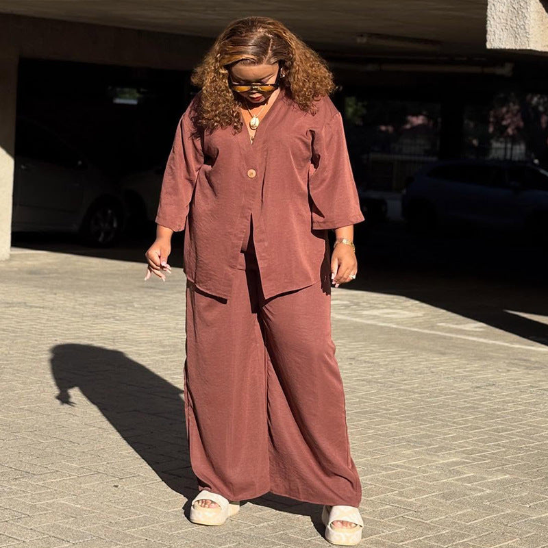 European and american women's clothing  autumn new collection: sweet and fresh v-neck batwing sleeve high-waisted wide-leg pants fashion casual set