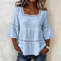 cross-border  summer solid color casual square neck cotton linen lace trimmed three-quarter sleeve top for women