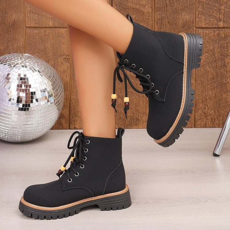 Women's chunky heel ankle boots for cross-border e-commerce, new spring/autumn  collection, roman style printed lace-up casual booties