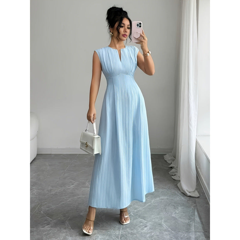 Women's summer new fashion elegant solid color textured fabric ruched waist sleeveless a-line maxi dress
