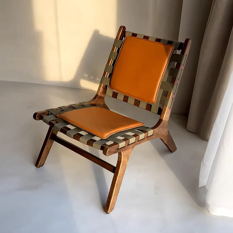Retro solid wood casual chair genuine leather saddle leather single chair accessible luxury woven sofa chair home b&b canvas single chair