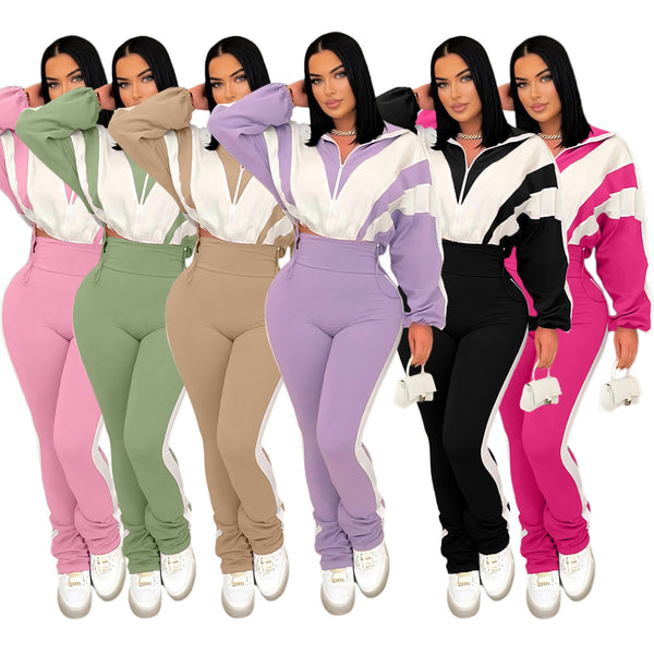 S391403 contrasting color splicing sports suit, women's fashion casual high-waisted trousers + cardigan jacket two-piece set