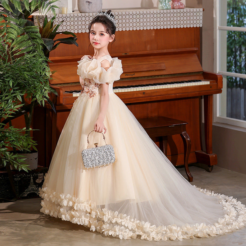 European and american style cross-border girls' gown - long train embroidered princess dress - piano performance dress - runway high-end light luxury style