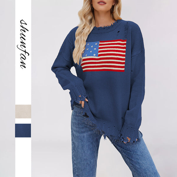 New  New  Hot Sale Crew Neck 2025 European and American Women's Clothing Independence Day Holiday Hot Sale Fashion Sweater