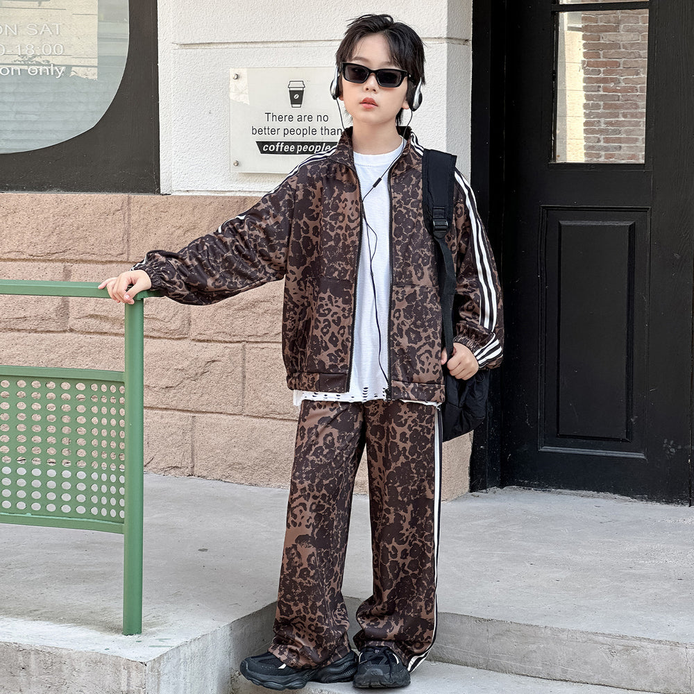 boys' casual cardigan two-piece set: trendy new fashion leopard print loose fit spring/autumn outfit for older boys