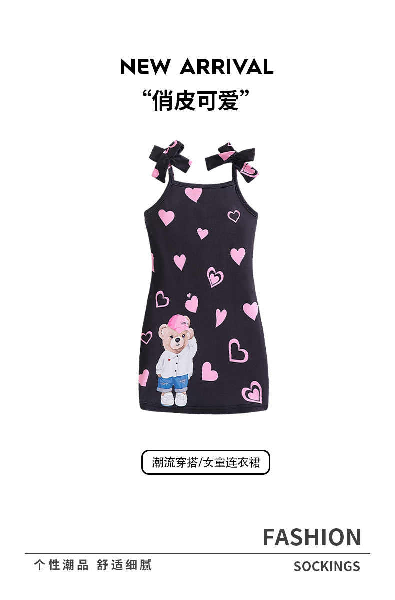 Girls' summer sundress with bow shoulder straps, cartoon bear and heart pattern, cute dress for kids and girls