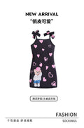 Girls' summer sundress with bow shoulder straps, cartoon bear and heart pattern, cute dress for kids and girls