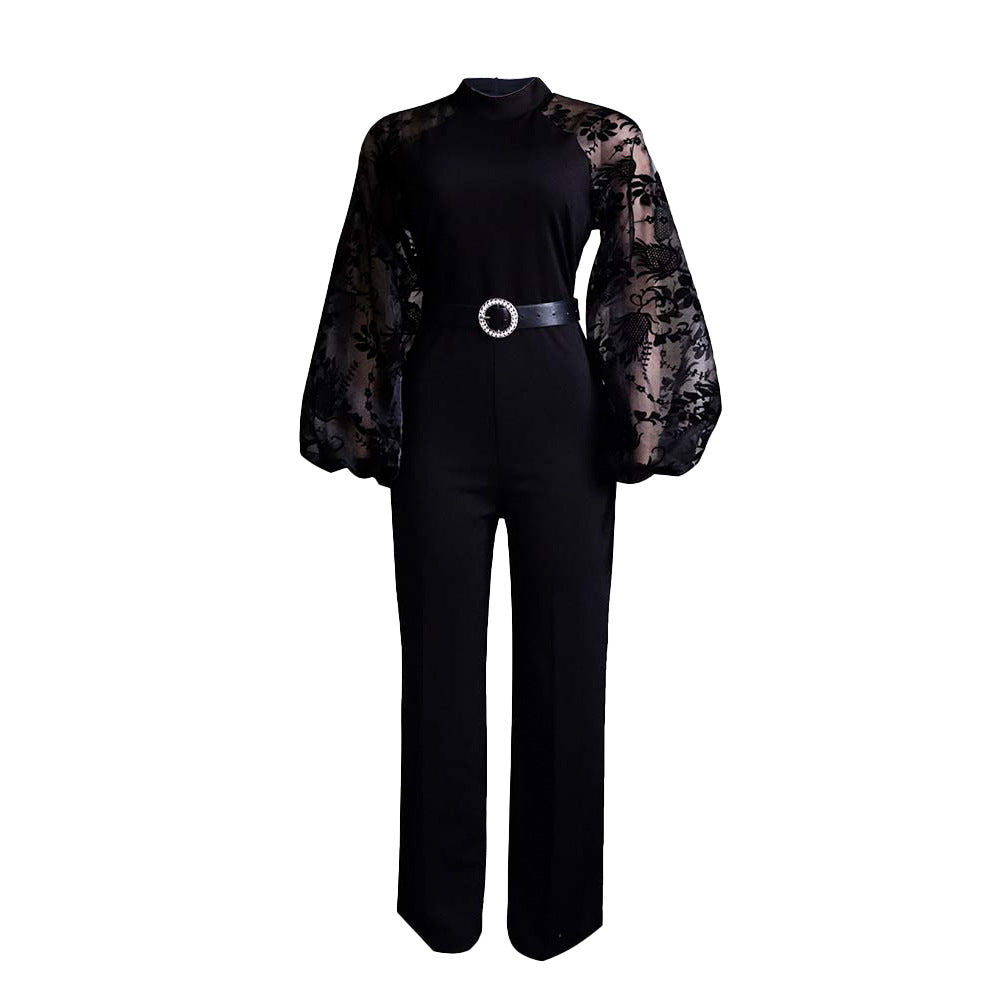 D250 free belt  stand collar mesh lantern sleeves silmplus size women's african wide leg european and american jumpsuit