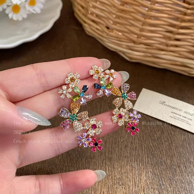 Dopamine colorful full diamond flower stud earrings all-in-one ear bone clip women's giant beautiful earrings niche design earrings