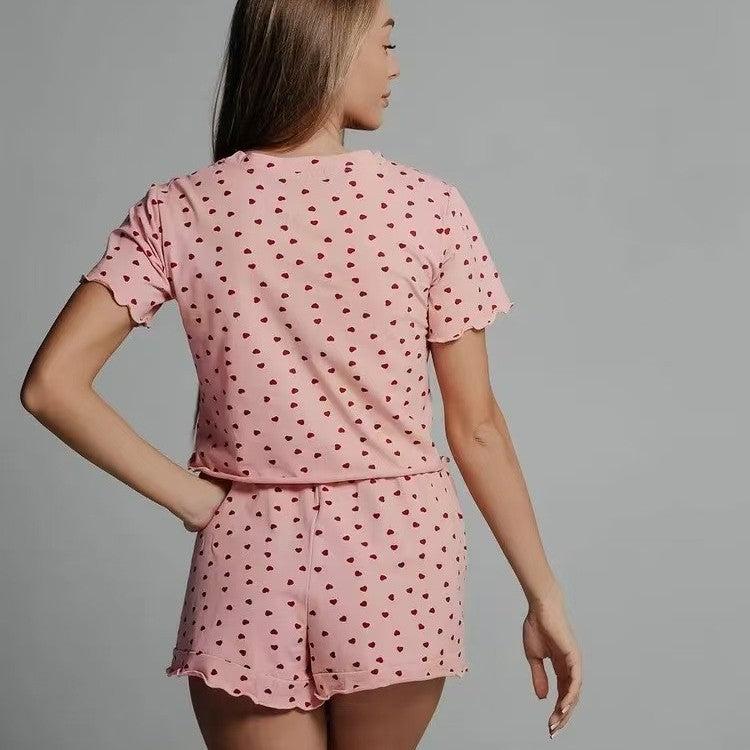 spring/summer new fashion heart print short sleeve & shorts pajama set - cross-border breathable loungewear for women - wholesale