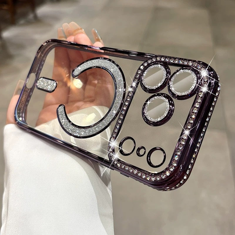 Suitable for iphone17promax mobile phone case, high-end edge diamond magnetic glitter lens film, apple 15 protective cover