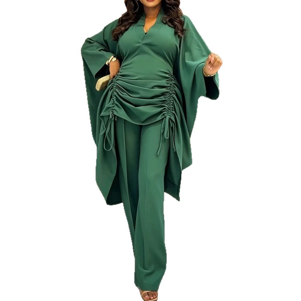 African new drawstring pant set - loose batwing sleeve v-neck cinched waist slimming robe wide leg pants two-piece outfit