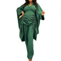 African new drawstring pant set - loose batwing sleeve v-neck cinched waist slimming robe wide leg pants two-piece outfit