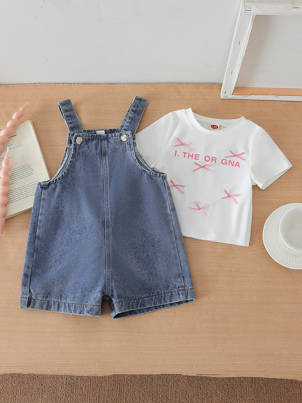 new cross-border baby & toddler printed top + 3d bunny ear overalls denim jumpsuit two-piece set