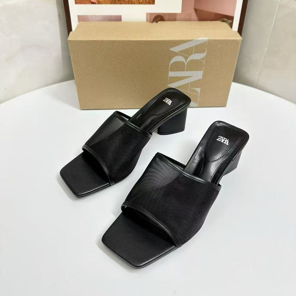 Za2025new arrival french beautiful square toe mesh open toe flip-flops summer outwear non-tiring high-heeled sandals