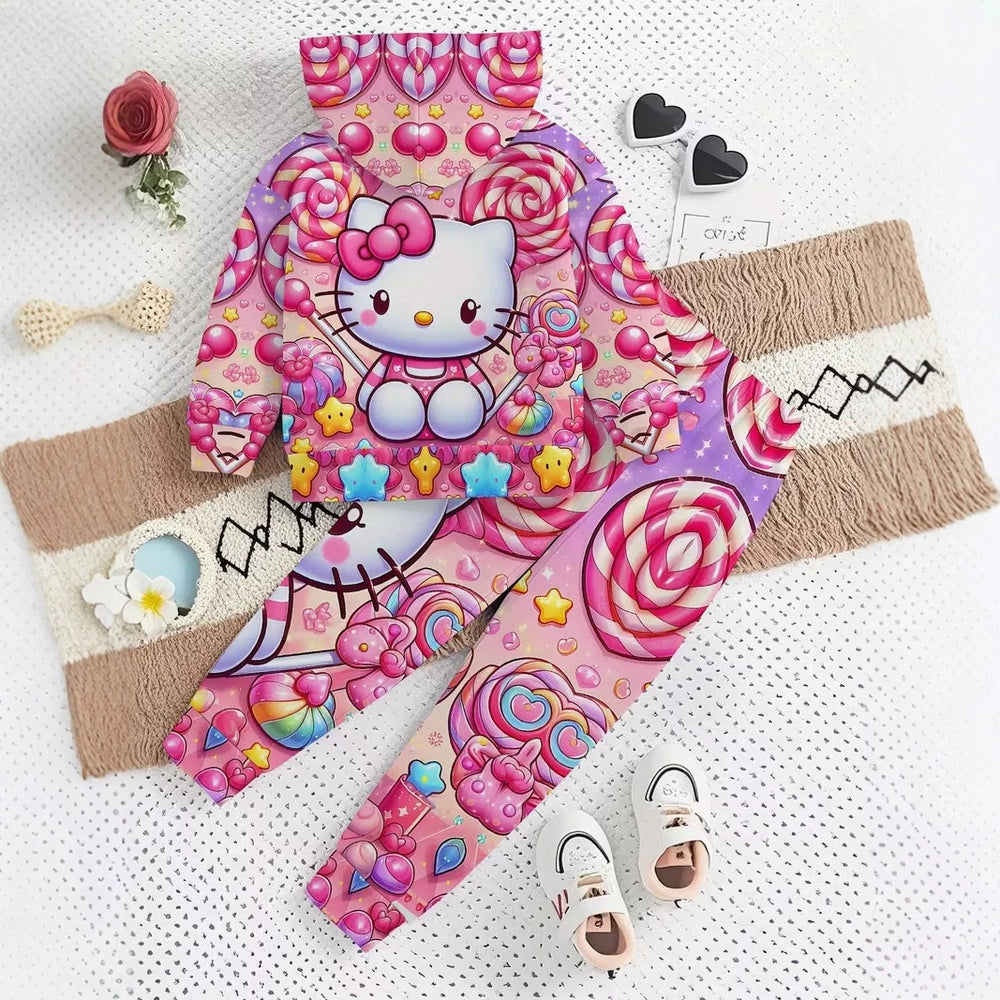 Kids' hoodie set, cross-border hot seller, trendy printed girls' fashion hooded sweatshirt and sweatpants set