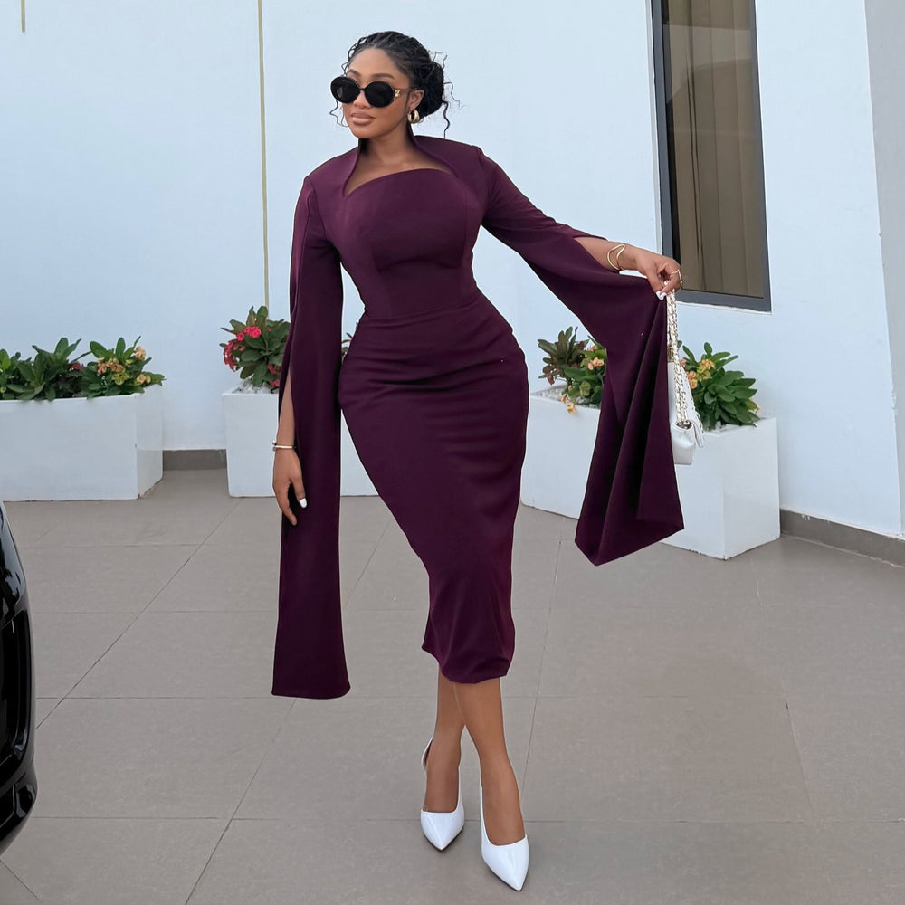 European and american cross-border women's clothing:  summer new arrival - elegant stand collar slit bodycon midi dress