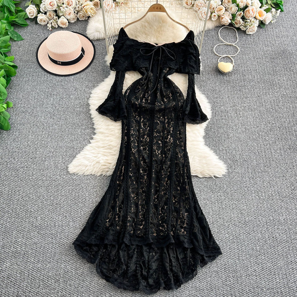 French one-shoulder lace cutout tie-up dress - women's slim fit, high-end goddess style, commute-ready elegant dress