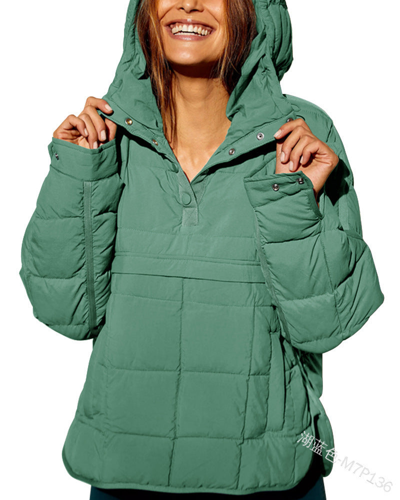 European and american  new casual fashion solid color cotton padded jacket, loose fit long sleeve pullover hoodie with round hem top