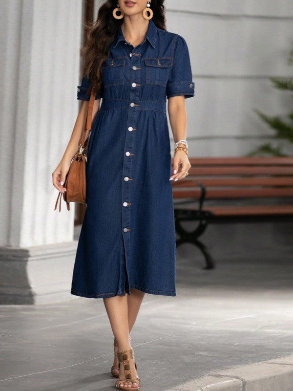 summer lapel shirt denim dresselegant hair quality elegancecasualslimming look a-line skirt mid-length skirt