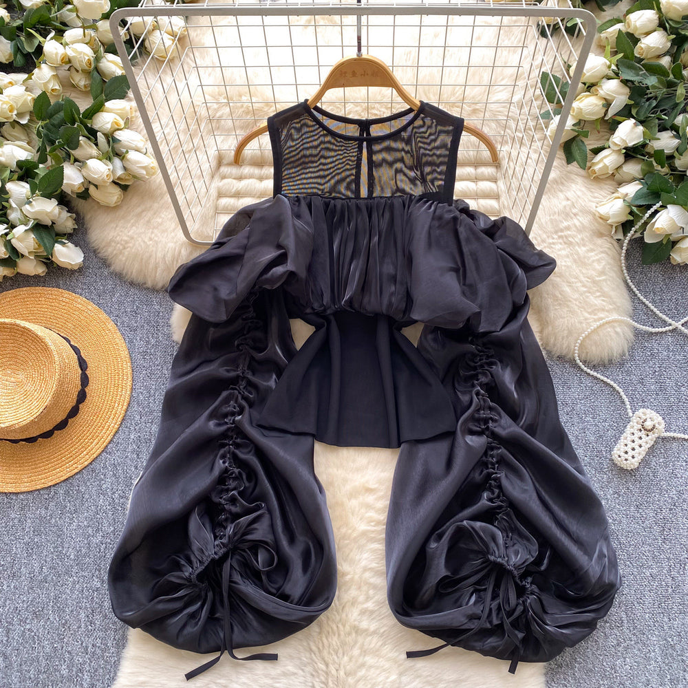 K-style off-shoulder satin gaoze puff sleeve shirt for women springsense of design pleatedtops to cover the flesheasiest for matchwork clothing