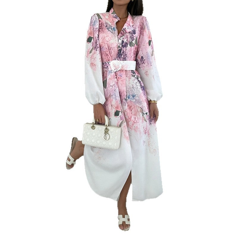 summer new women's fashion: cross-border european and american style dress - trendy printed lantern sleeve a-line maxi dress with cinched waist