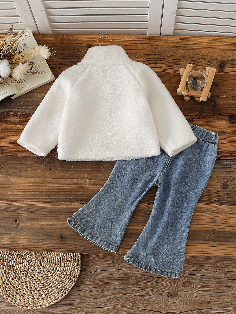 new autumn cross-border baby & toddler fleece-lined embroidered jacket & heavy-duty washed denim jeans two-piece set