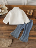 new autumn cross-border baby & toddler fleece-lined embroidered jacket & heavy-duty washed denim jeans two-piece set
