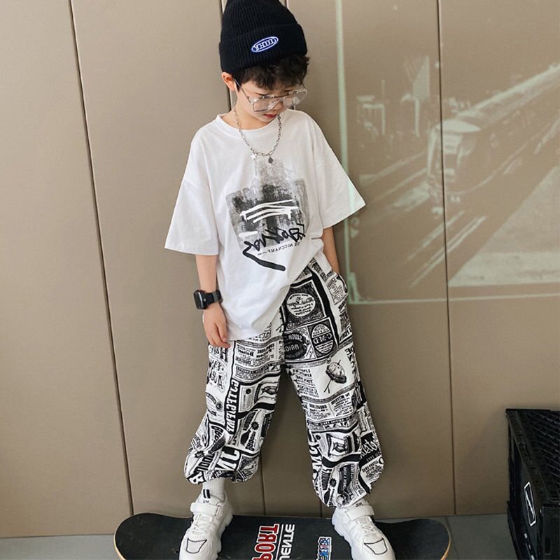 summer short-sleeve t-shirt for boys, ages 12-15, middle school students, trendy and stylish, ages 13-14, big kids' boys' outfit set