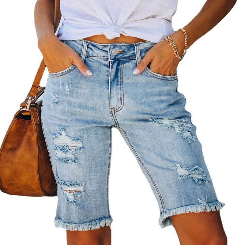 european and american women's clothing  new arrival ripped slimming lookeasiest for match denim washed raw edge 5-point pants