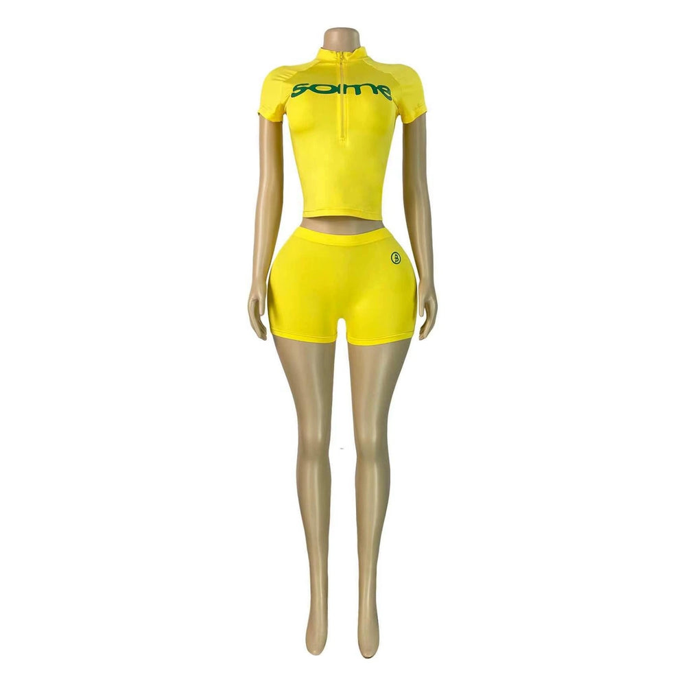 hot-selling european and american fashion women's letter-printed half-zip short-sleeve top and tight shorts two-piece set