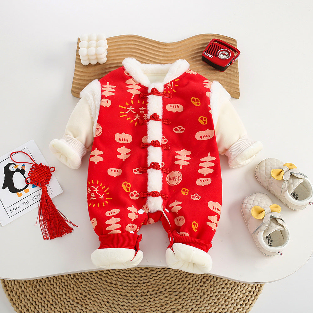 Infant winter fleece-linedeasiest for match hundred days celebration new year's greeting clothes for men and women baby catch zhou formal wearthickened one-piece