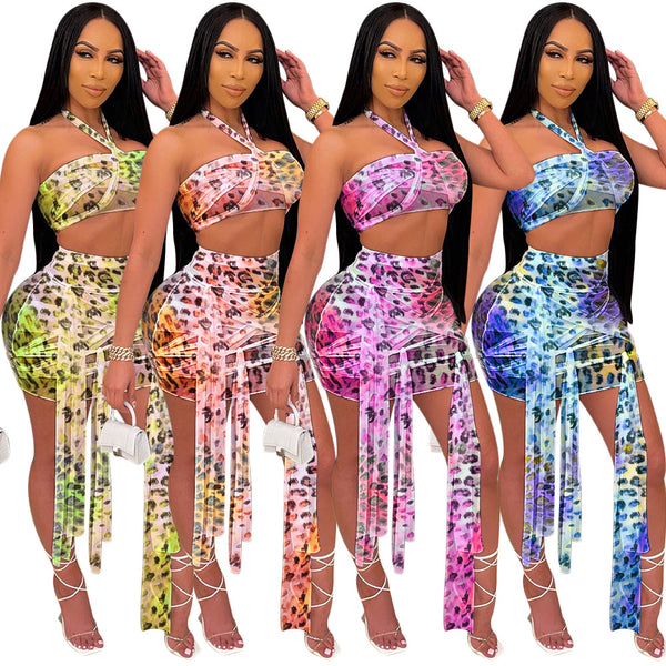 S390138 European and American women's clothing summer hollow neck tube top printing mesh strap sexy skirt set nightclub
