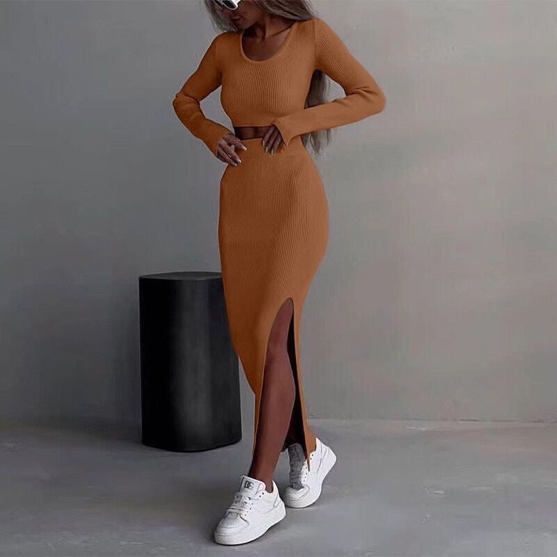 fall/winter new european and american cross-border women's solid color knitted crew neck top and long slit maxi skirt two-piece set
