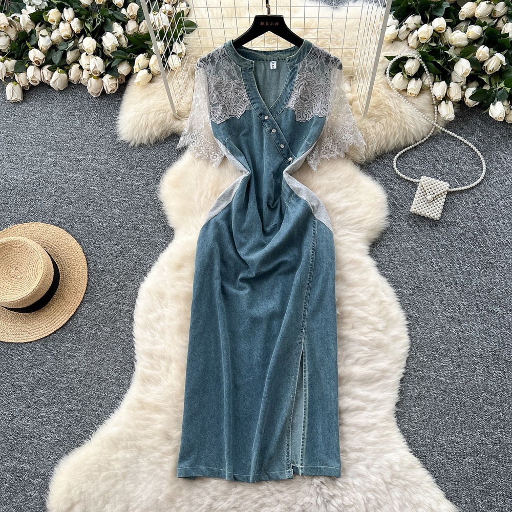 Sophisticated style niche styleretrov necklacepatchwork short-sleeved waist denim dress women's summer silm slit long skirt