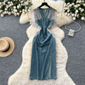 Sophisticated style niche styleretrov necklacepatchwork short-sleeved waist denim dress women's summer silm slit long skirt