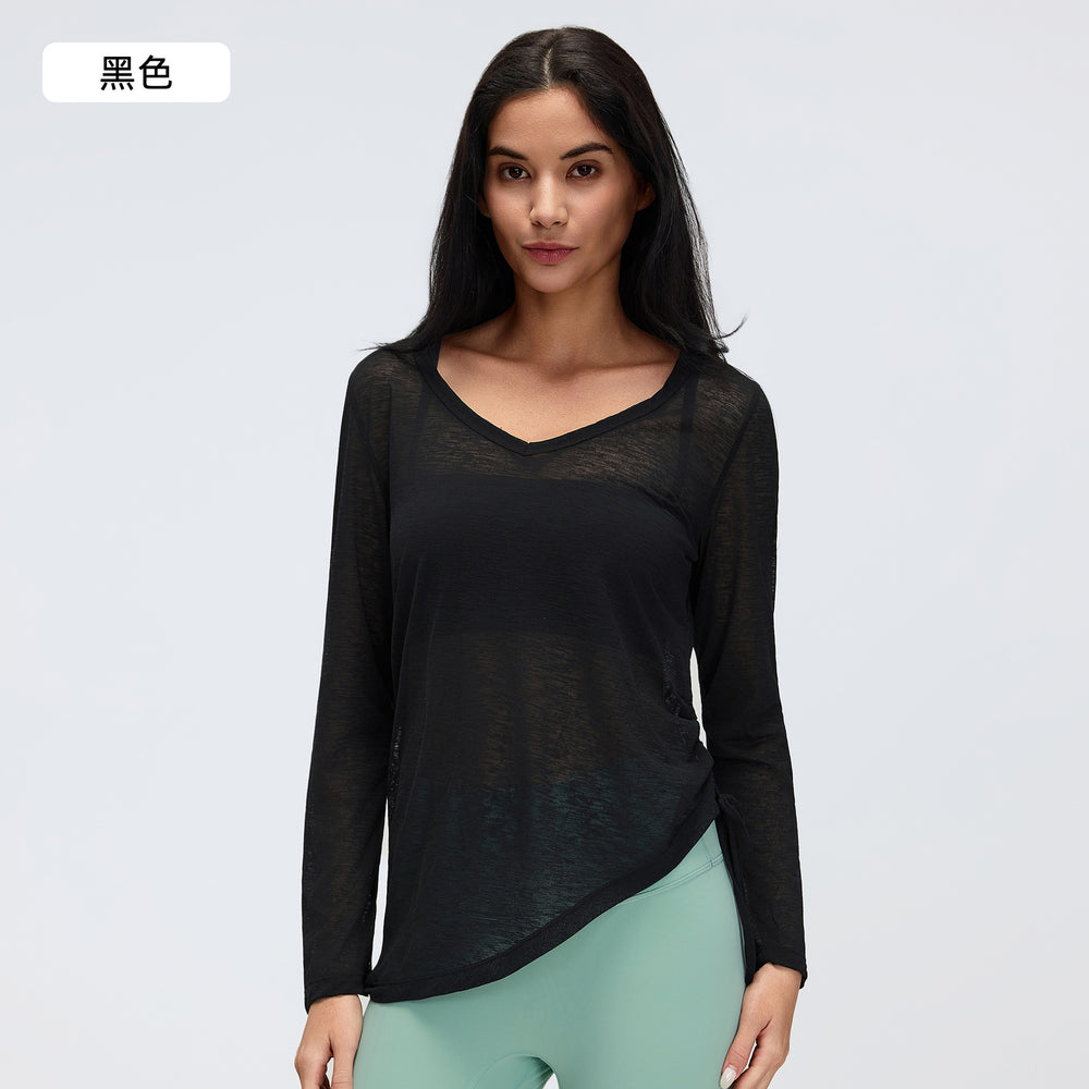 Loose-fit women's long-sleeve sports top - v-neck drawstring waist slimming yoga shirt - casual fitness long-sleeve tee d26100