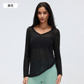 Loose-fit women's long-sleeve sports top - v-neck drawstring waist slimming yoga shirt - casual fitness long-sleeve tee d26100