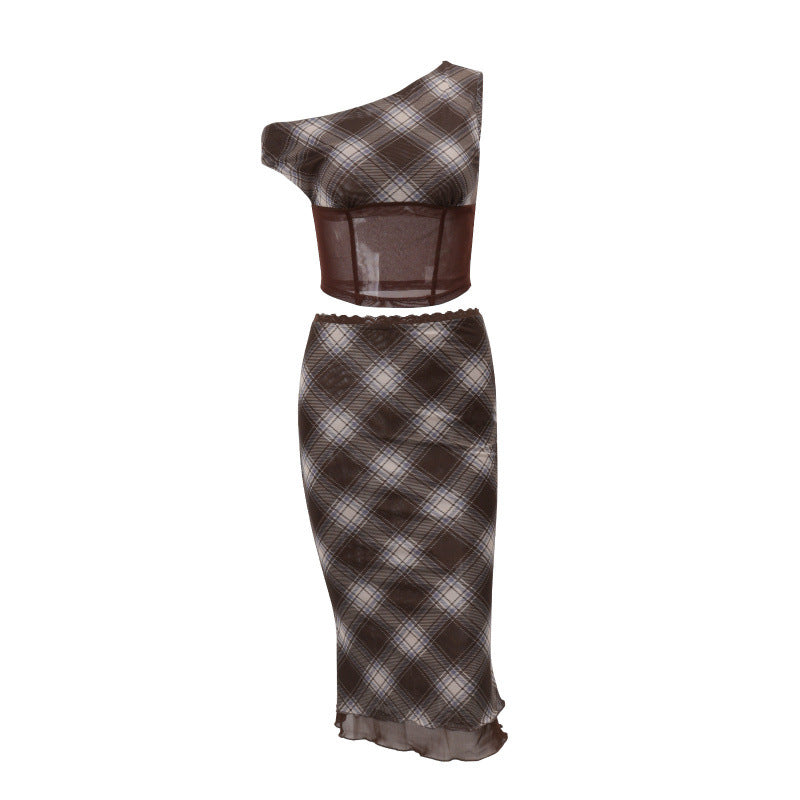 European and american women's clothing  summer new retro plaid asymmetrical neck mesh panel top and slim-fit midi skirt set