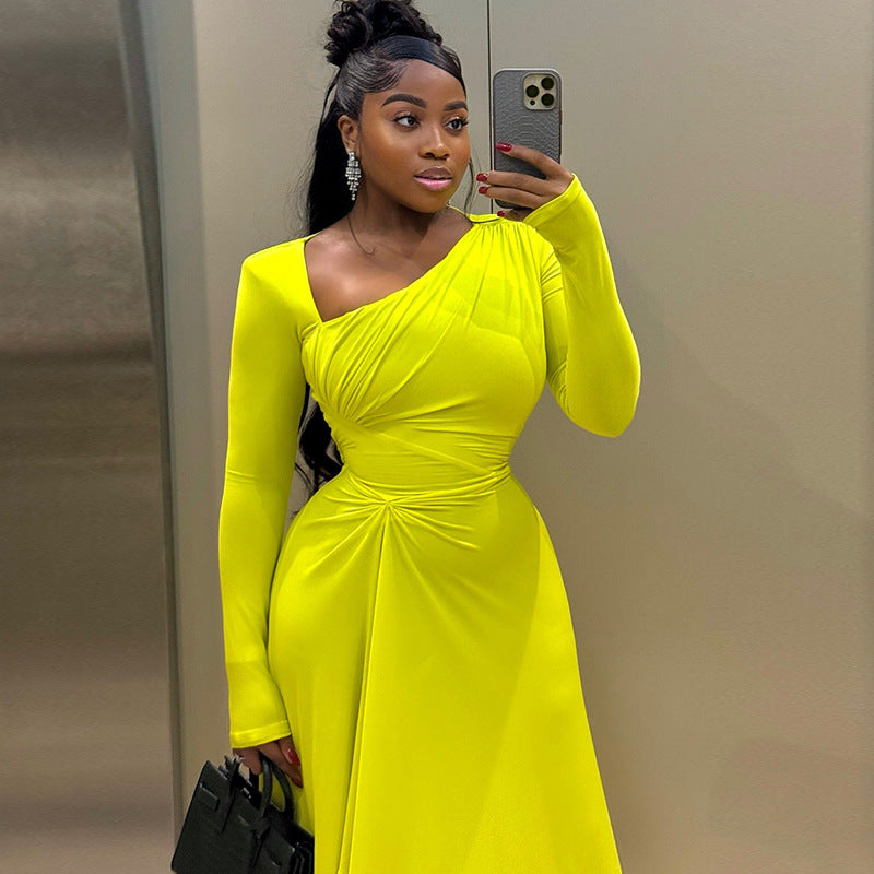 European and american style elegant women's bodycon pleated asymmetrical dress solid color long sleeve oblique neck maxi dress gown