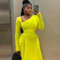 European and american style elegant women's bodycon pleated asymmetrical dress solid color long sleeve oblique neck maxi dress gown