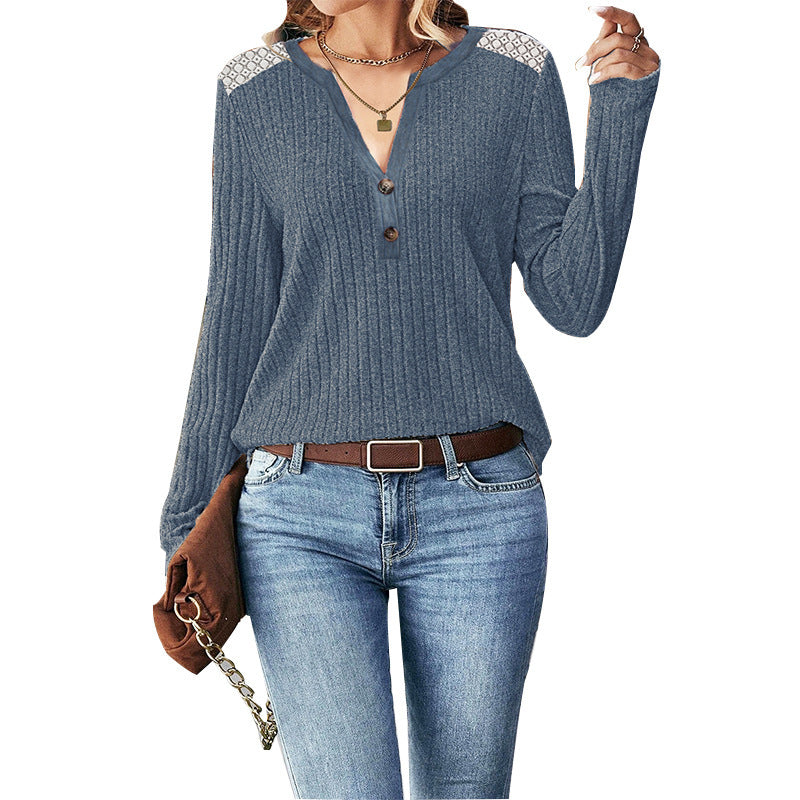 independent station  foreign trade cross-border fall and winter new arrival button lace patchwork knitting shirt long sleeves bottom shirt