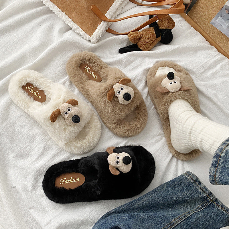 New cartoon puppy fuzzy slippers - stylish women's outdoor wear, cute home casual korean style cotton slippers, winter fuzzy shoes for going out