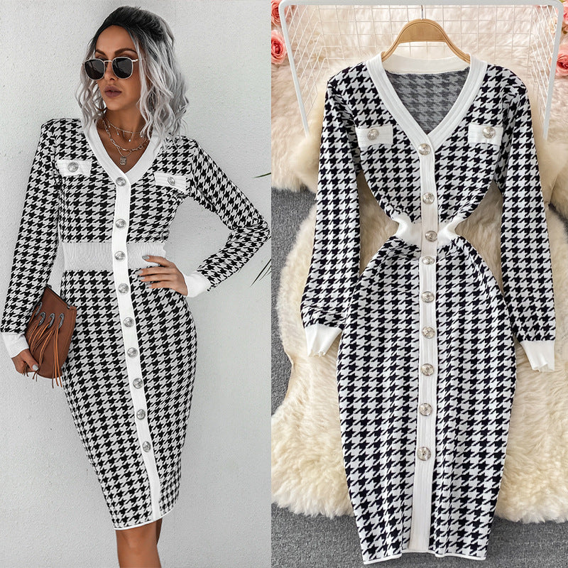 Fall and winternew arrivalelegantv neckcontrast color tweed styleilmfashion chidori grids pattern long sleevesknitting hip-hugging dress